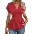 thumbnail image 1 of FAHXNVB Women's Elegant Wrap V Neck Peplum Tops Short Sleeve Stretchy Smocked Waist Shirts Blouses Shirts Summer Tunic Tops,L,Red, 1 of 5
