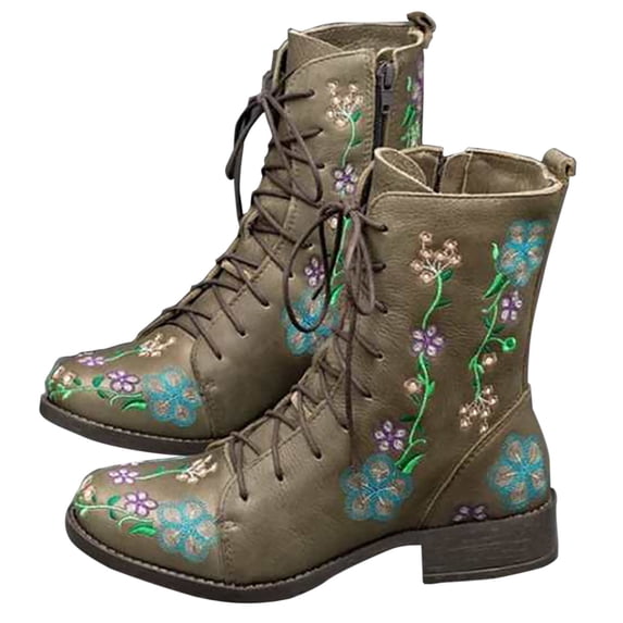 FAHXNVB Women's Embroidered Ankle Boots Round Toe Chunky Heel Floral Booties Slip On