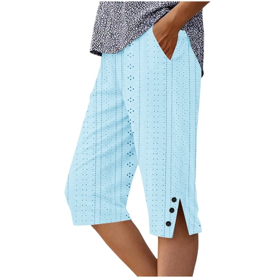 FAHXNVB Women's Eyelet Capri Pants Elastic Waist Button Split Hem Breathable Knee Length Shorts Summer Lightweight Trousers