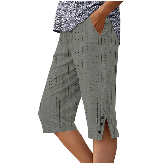 FAHXNVB Women's Eyelet Capri Pants Elastic Waist Button Split Hem Breathable Knee Length Shorts Summer Lightweight Trousers