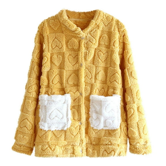 FAHXNVB Women's Fleece Bed Jacket Long Sleeves Button Down Front Fuzzy Cardigan with Pockets Winter Warm Comfy Plush Outwear