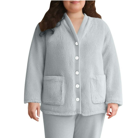 FAHXNVB Women's Fleece Bed Jacket V Neck Long Sleeves Button Dwon Front Pajama Jacket with Pockets Winter Soft Warm Loungwear,XXL,Gray