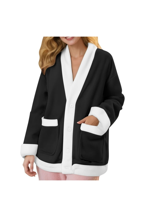 Women's Fluffy Fleece Bed Jacket Long Sleeve Fuzzy Sleepwear Cardigan for Winter Solid Color Thick Warm Loungewear