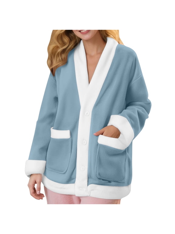 Women's Fluffy Fleece Bed Jacket Long Sleeve Fuzzy Sleepwear Cardigan for Winter Solid Color Thick Warm Loungewear