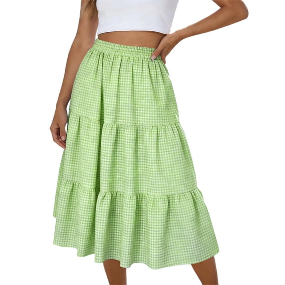 FAHXNVB Women's Gingham Skirt Summer Casual High Waist Tiered Plaid A-Line Midi Skirts Swing Ruffle Plaid Skirts,XL,Green