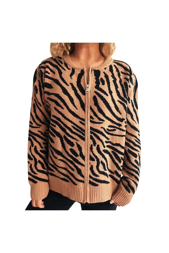 Women's Graphic Cardigan Sweaters Zebra Striped Full Zip Crew Neck Long Sleeve Knit Sweater Fall Winter Soft Warm Coats