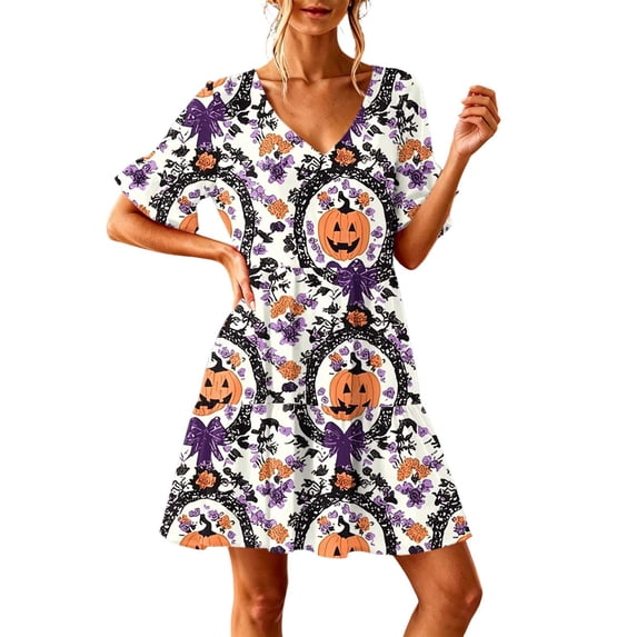 FAHXNVB Women's Halloween Nightgowns Ghost Pumpkin Print V Neck Mini Sleepshirts Ruffle Short Sleeve Loungewear PJs Dress with Pocket S-XXL