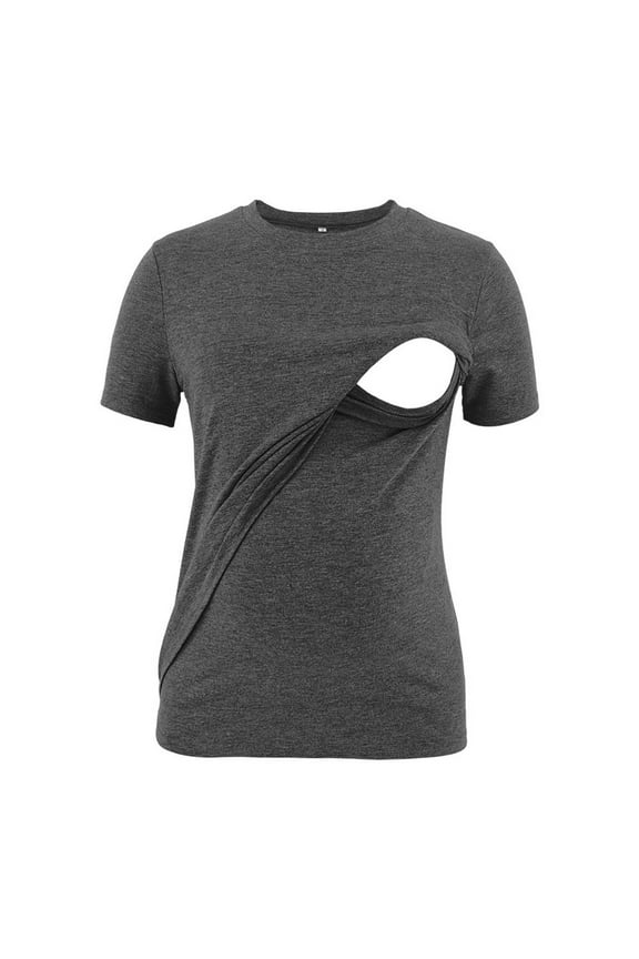 Women's Hidden Summer Nursing T-Shirts for Breastfeeding Crewneck Short Sleeve Double Layer Solid Color Maternity Tees Tops Fashion Casual Cozy Mama Clothes