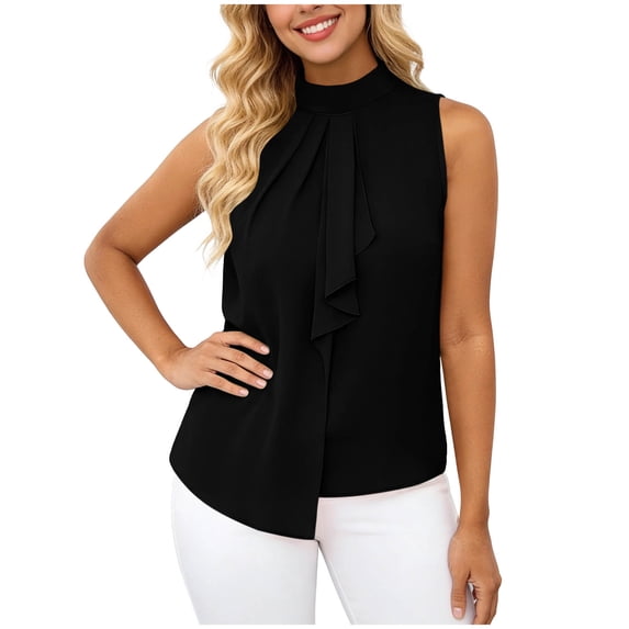 FAHXNVB Women's High Neck Sleeveless Blouse Ruffle Front Pleated Casual Summer Flowy Tops Lightweight Loose Fit Shirts