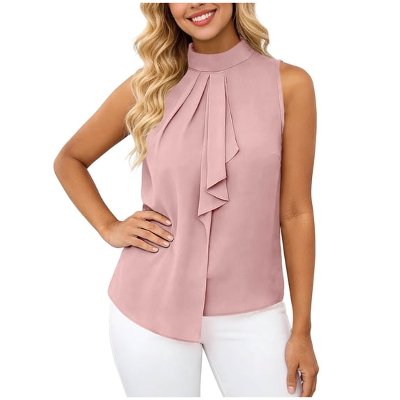 FAHXNVB Women's High Neck Sleeveless Blouse Ruffle Front Pleated Casual Summer Flowy Tops Lightweight Loose Fit Shirts