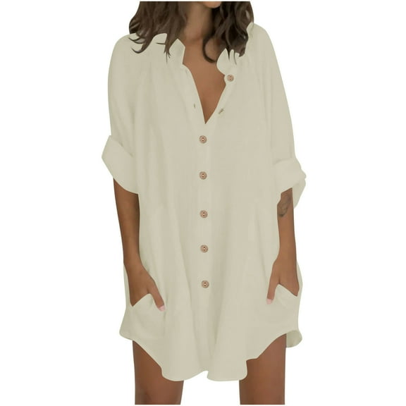 FAHXNVB Women's Long Sleeve Button Down Shirts Dresses Casual Loose Fit Beach Cover Up Oversized Blouse Tops with Pockets