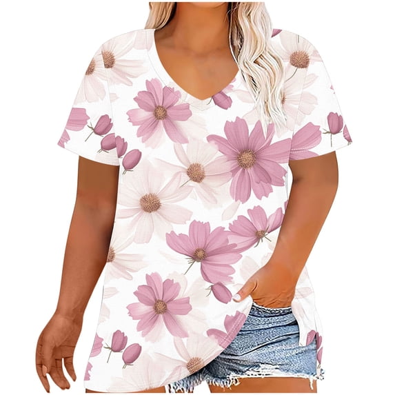 FAHXNVB Women's Loose Fit Cotton T-Shirts Plus Size Retro Style Graphic Print V-Neck Short Sleeve Breathable Tees Tops Fashion Casual Comfy Shirts,XXXXL,White 4