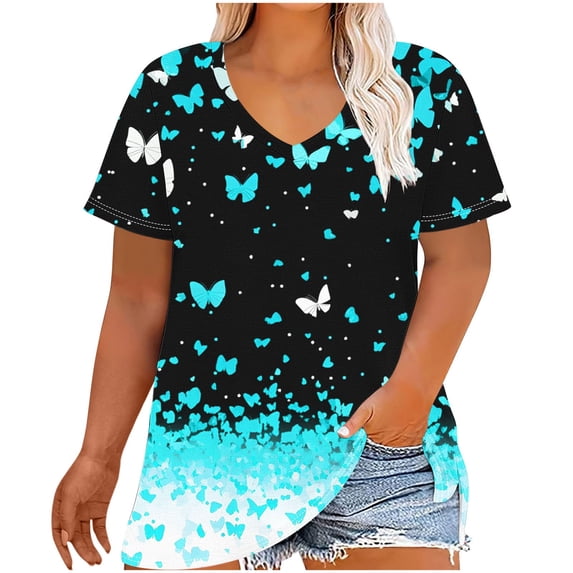 FAHXNVB Women's Loose Fit Cotton T-Shirts V-Neck Short Sleeve Plus Size Butterfly Print Breathable Tees Tops Fashion Casual Comfy Shirts,XL,Light Blue