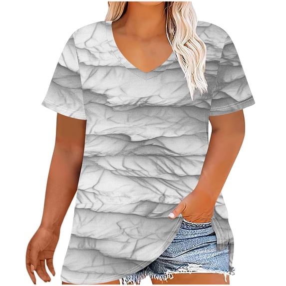 FAHXNVB Women's Loose Fit Cotton T-Shirts V-Neck Short Sleeve Plus Size Retro Style Graphic Print Breathable Tees Tops Fashion Casual Comfy Shirts,XXXL,Gray