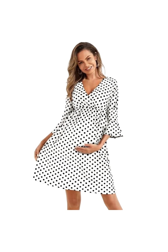 Women's Maternity Dress Polka Dots Print 3/4 Sleeve Pregnancy Midi Dresses Knee Length Maternity Clothes,XXL