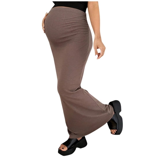 FAHXNVB Women's Maternity Maxi Skirt Over The Belly Adjustable Waist Stretchy Pregnancy Long Skirt,S