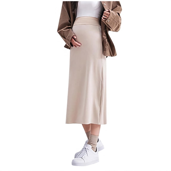 FAHXNVB Women's Maternity Midi Skirt Over The Belly High Waisted Stretchy Elegant Pregnancy Casual Skirts,M