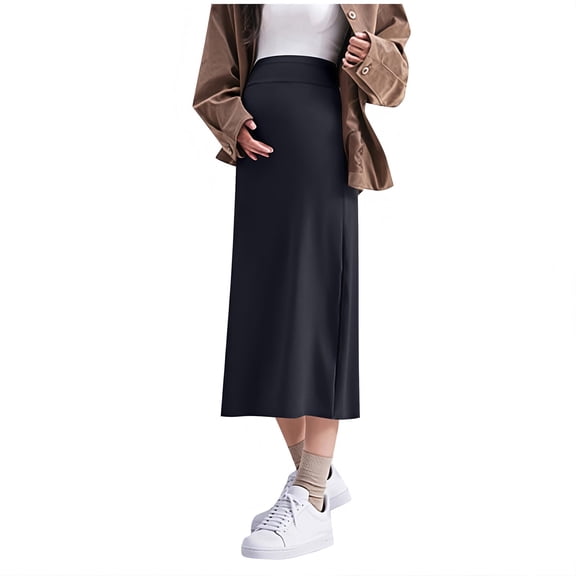 FAHXNVB Women's Maternity Midi Skirt Over The Belly High Waisted Stretchy Elegant Pregnancy Casual Skirts,XL
