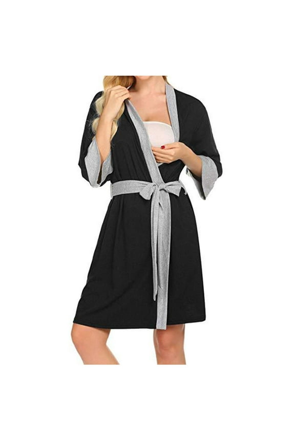 Women's Maternity Nursing Robe Color Block Knitted Cotton Pregnancy Breastfeeding Bathrobes Fashion Casual Comfy 3 in 1 Labor Delivery Nightgowns