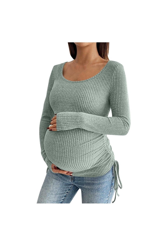 Women's Maternity Shirts Ribbed Knit Long Sleeve Pregnancy Shirts Crew Neck Side Ruched Maternity Clothes,L