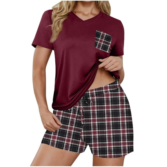 FAHXNVB Women's Pajama Set 2 Piece V Neck Short Sleeve Shirt with Plaid Boxer Shorts 2025 Summer Comfy Loose Pjs Lounge Sets