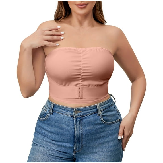 FAHXNVB Women's Plus Size Button Front Bandeau Bra Solid Color Strapless Wireless Bras Comfortable Seamless Non Slip Push Up Invisible Bra