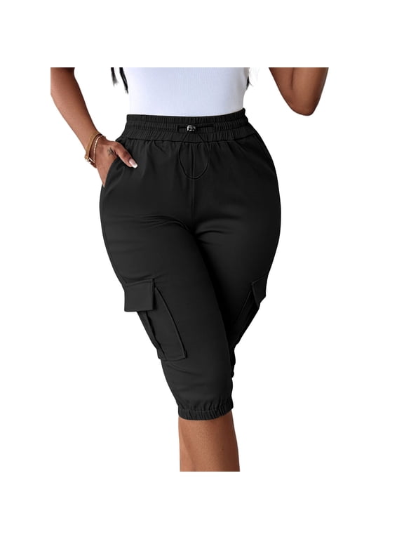 Women's Plus Size Cargo Capri Pants Casual Active Workout Sweat Crop Pants with Pockets Drawstring High Waisted Women's Capris,XXL