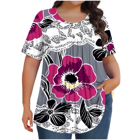 FAHXNVB Women's Plus Size Crewneck T-Shirts Short Sleeve Soft Cotton Floral Print Pleated Tees Tops Spring Summer Fashion Comfortable Loose Shirts,L,Gray