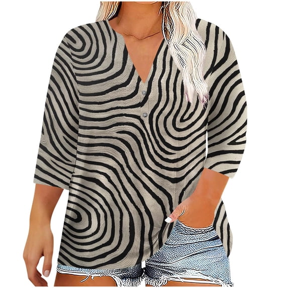 FAHXNVB Women's Plus Size V-Neck T-Shirts 3/4 Sleeve Soft Cotton Graphic Print Button Tees Tops Fashion Casual Comfortable Loose Shirts