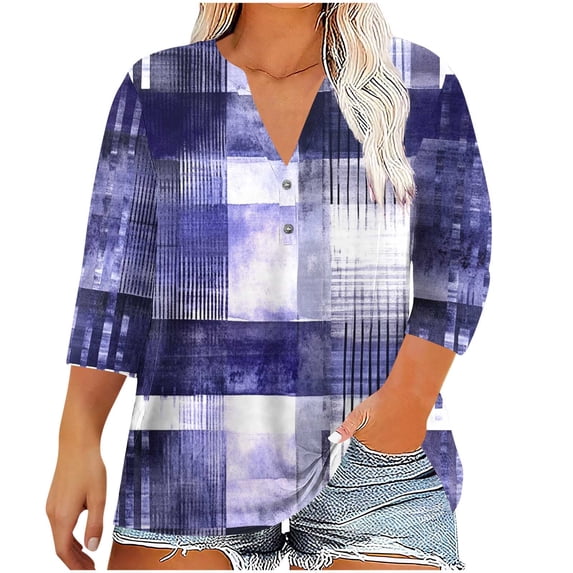 FAHXNVB Women's Plus Size V-Neck T-Shirts 3/4 Sleeve Soft Cotton Graphic Print Button Tees Tops Fashion Casual Comfortable Loose Shirts