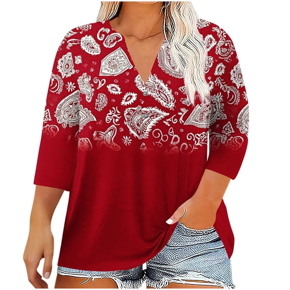 FAHXNVB Women's Plus Size V-Neck T-Shirts 3/4 Sleeve Soft Cotton Graphic Print Button Tees Tops Fashion Casual Comfortable Loose Shirts