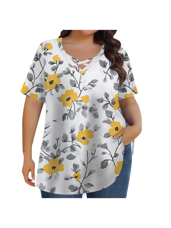 Women's Plus Size V-Neck T-Shirts Cotton Cross Over Tie Floral Print Short Sleeve Tees Tops Spring Summer Fashion Casual Cozy Loose Shirts,XL,Multicolor