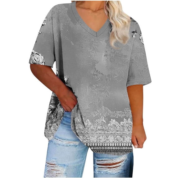 FAHXNVB Women's Plus Size V-Neck T-Shirts Floral Print Short Sleeve Breathable Tees Tops Fashion Casual Comfy Loose Shirts,XXXL,Gray