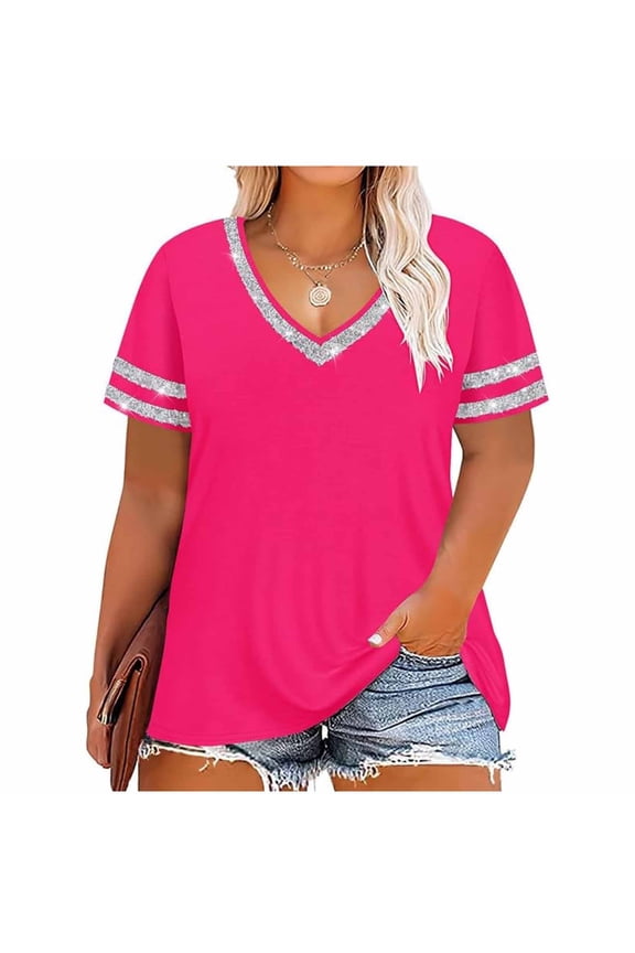 Women's Plus Size V Neck T Shirts Short Sleeve Glitter Rhinestone Casual Summer Tees Tops Loose Lightweight Blouse