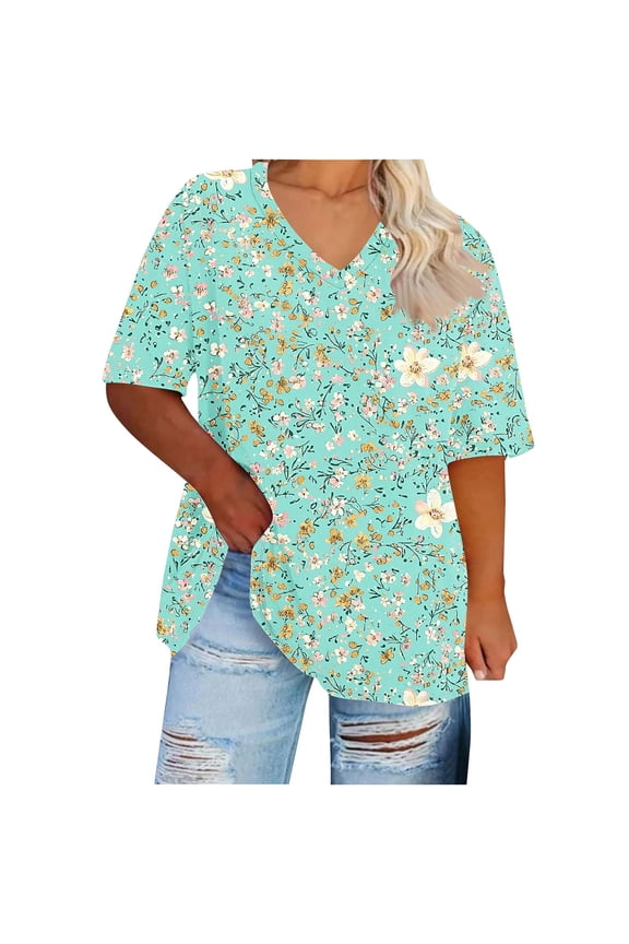 Women's Plus Size V-Neck T-Shirts Soft Cotton Gradient Color Graphic Print Short Sleeve Tees Tops Spring Summer Fashion Casual Loose Shirts,XXXXL,Light Blue