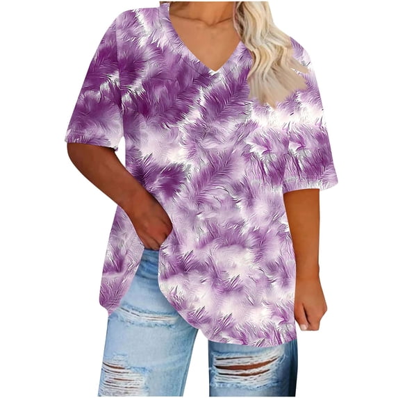 FAHXNVB Women's Plus Size V-Neck T-Shirts Soft Cotton Gradient Color Graphic Print Short Sleeve Tees Tops Spring Summer Fashion Casual Loose Shirts,XXXXXL,Purple