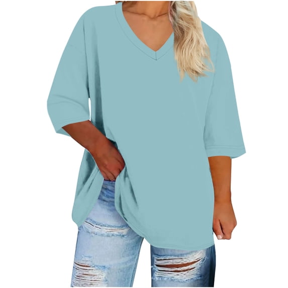 FAHXNVB Women's Plus Size V-Neck T-Shirts Solid Color 3/4 Sleeve Soft Cotton Tees Tops Spring Summer Fashion Casual Cozy Loose Shirts,XL,Mint Green