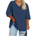 thumbnail image 1 of FAHXNVB Women's Plus Size V-Neck T-Shirts Solid Color 3/4 Sleeve Soft Cotton Tees Tops Spring Summer Fashion Casual Cozy Loose Shirts,XL,Navy, 1 of 4