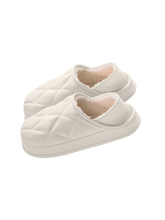 Women's Quilted Waterproof House Slippers Fleece Lined Closed Toe Warm Scuffs Non-Slip Sole Cozy Footwear for Winter