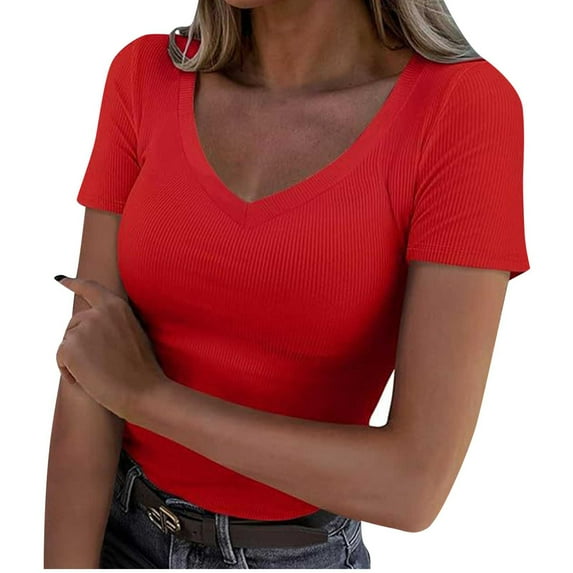 FAHXNVB Women's Ribbed Knit Short Sleeve T-Shirts Slim Fitted V Neck Casual Summer Basic Top Solid Color Soft Tees Shirts S-2XL