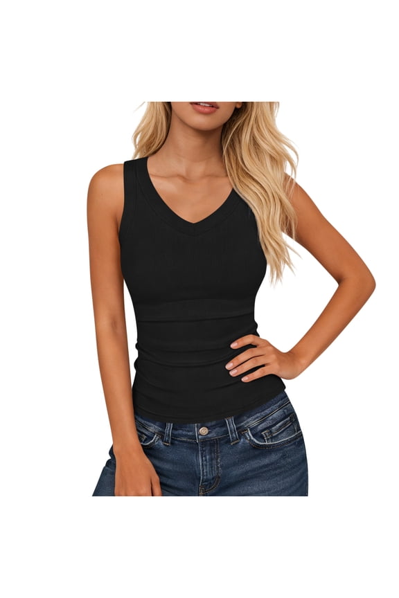 Women's Ribbed Knitted Tank Top V-Neck Solid Color Workout Training Sleeveless Shirts Summer Fashion Casual Comfortable Undershirts Vest