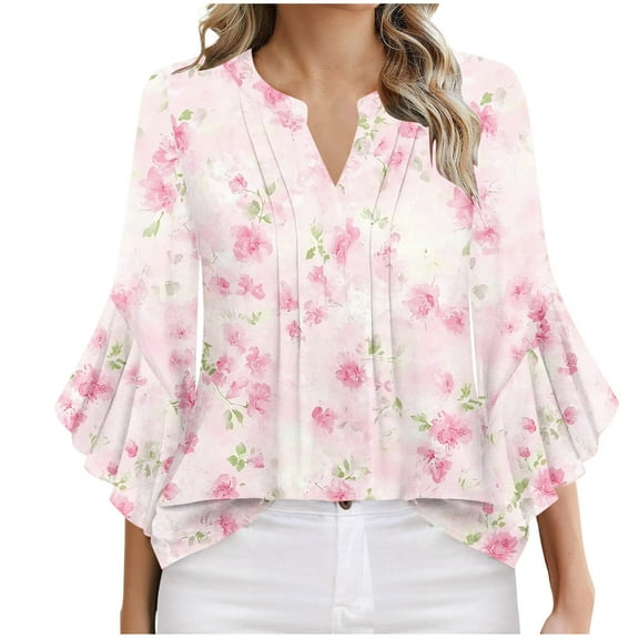 FAHXNVB Women's Summer 3/4 Sleeve Tops Boho Floral Prinetd Blouses Dressy Casual Tunic Ruffle Sleeve V Neck Loose Fit T Shirts