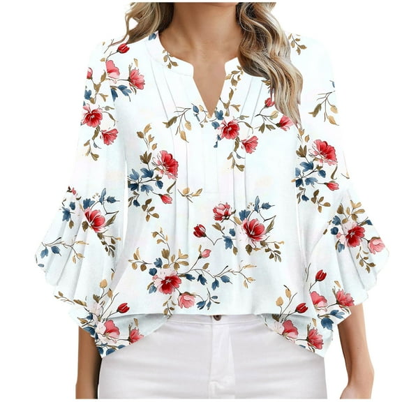 FAHXNVB Women's Summer 3/4 Sleeve Tops Boho Floral Prinetd Blouses Dressy Casual Tunic Ruffle Sleeve V Neck Loose Fit T Shirts