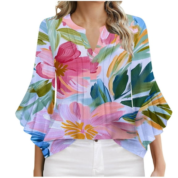 FAHXNVB Women's Summer 3/4 Sleeve Tops Boho Floral Prinetd Blouses Dressy Casual Tunic Ruffle Sleeve V Neck Loose Fit T Shirts