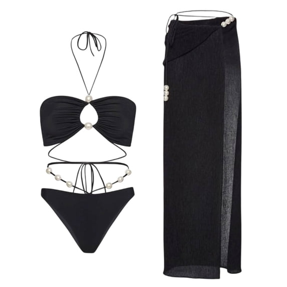 FAHXNVB Women's Three Piece Swimsuit Pearl Halter Triangle Bikini Top and Bottoms with Long Sheer Cover Up Skirt Set Fashion Casual Bathing Suit