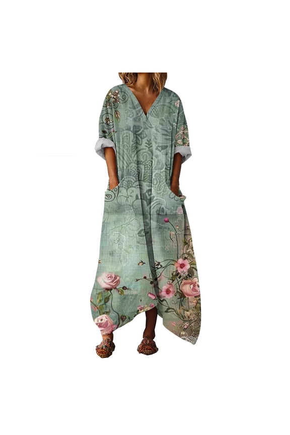 Women's V Neck Maxi Dress 3/4 Sleeve Floral Print Casual A Line Flowy Dress with Pockets Asymmetric Hem Dress