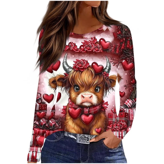 FAHXNVB Women's Valentine's Day Shirt Lightweight Cute Heart Graphic Pullover Tops Casual Lover Gift Crewneck Long Sleeve Tunic Shirt,L,Wine 1