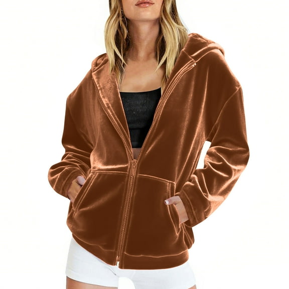 FAHXNVB Women's Velour Hooded Jacket Long Sleeve Full Zip Outerwear Solid Color Casual Soft Warm Velvet Jacket with Side Pockets