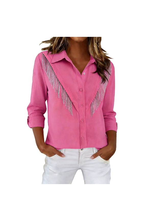 Womens Button Down T Shirts Collared Fringe Trim Roll Tab Sleeve Summer Blouses Solid Color Shirts Tops Tees