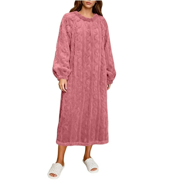 FAHXNVB Womens Flannel Nightgown Soft Warm Fuzzy Fleece Crewnecl Sleepwear for Women Solid Color Cozy Long Sleeve Plush Nightdress